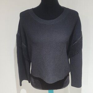 Lea & Viola Ribbed Cropped Long Sleeve Sweater with Fringe Size Large Black
